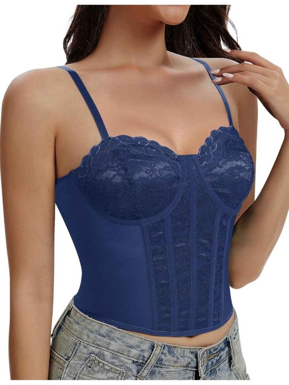 Women's Navy Straps 3-rows Back Hooks Fitted Underwire Lace Bustier Corset Top